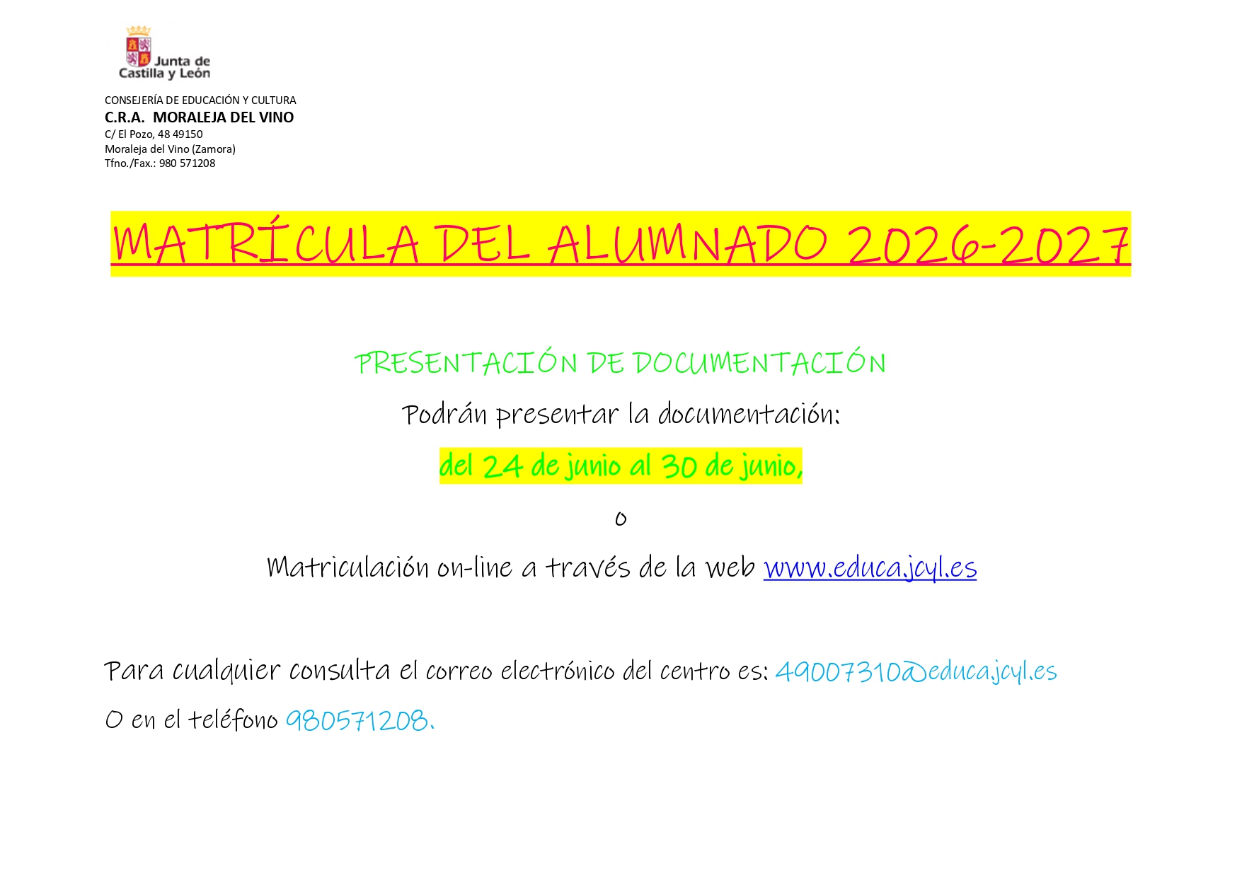 Cartel información matrícula curso 26_27 Cartel información matrícula curso 26_27